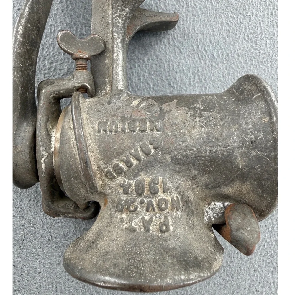 Antique Steinfeld No 21 Cast Iron Meat Grinder 1904 Pat. Wood Handle Farmhouse